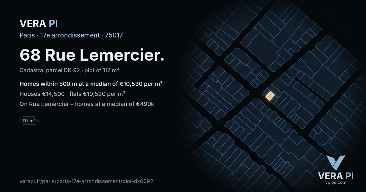 68 Rue Lemercier, 17e arrondissement at night – the plot lit, the parcels around coloured by the prices near them