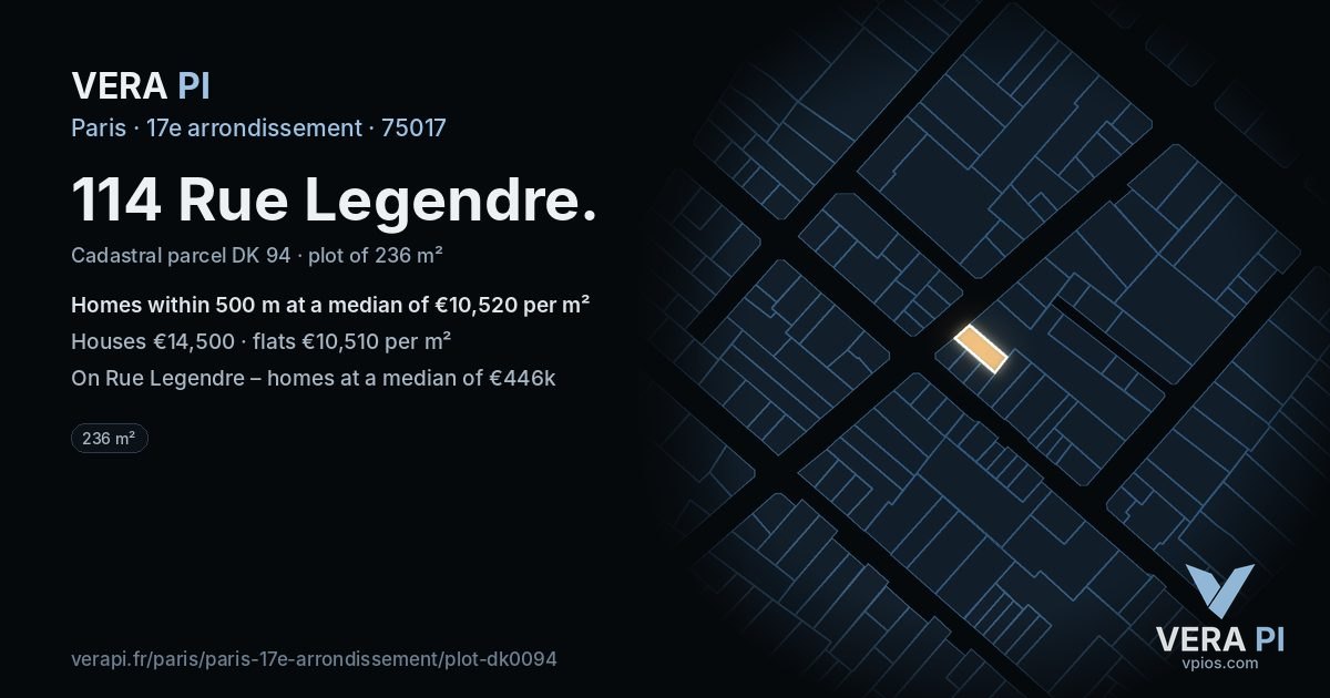 114 Rue Legendre, 17e arrondissement at night – the plot lit, the parcels around coloured by the prices near them