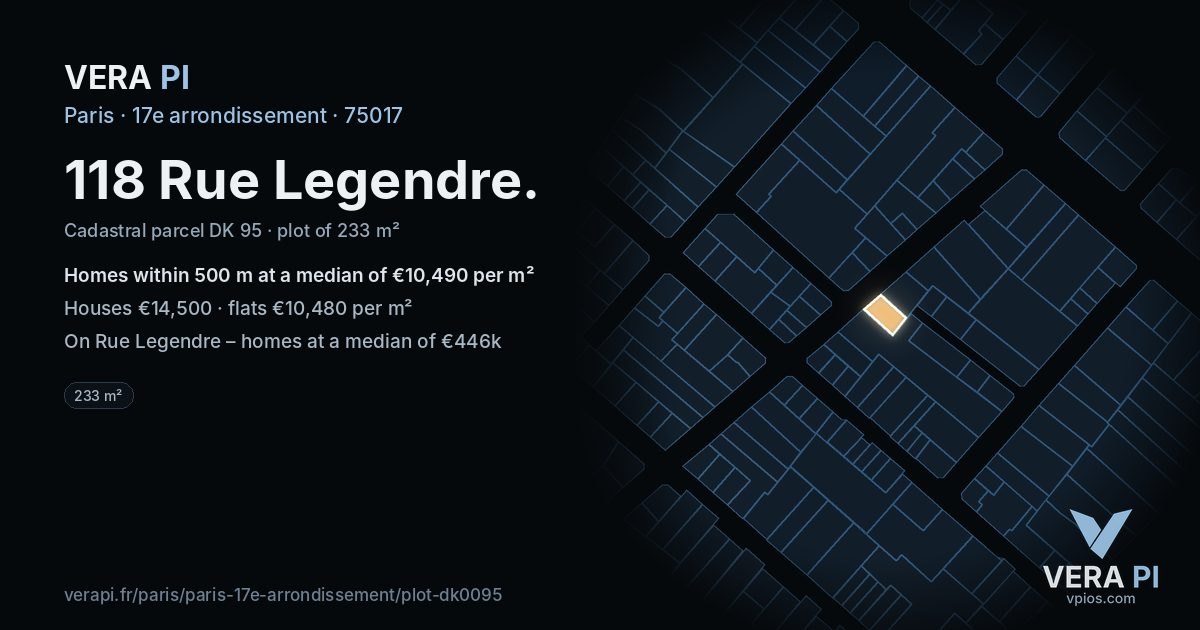 118 Rue Legendre, 17e arrondissement at night – the plot lit, the parcels around coloured by the prices near them