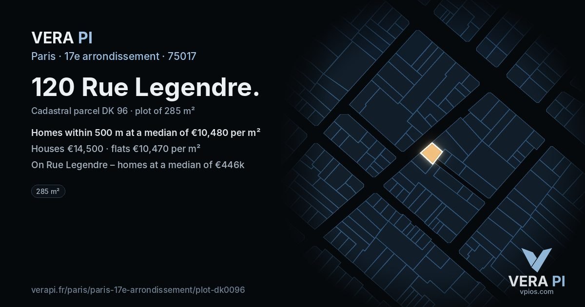 120 Rue Legendre, 17e arrondissement at night – the plot lit, the parcels around coloured by the prices near them