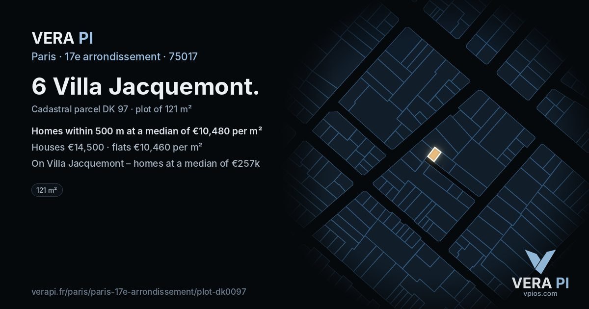 6 Villa Jacquemont, 17e arrondissement at night – the plot lit, the parcels around coloured by the prices near them