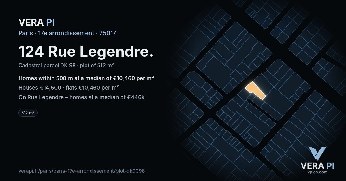 124 Rue Legendre, 17e arrondissement at night – the plot lit, the parcels around coloured by the prices near them