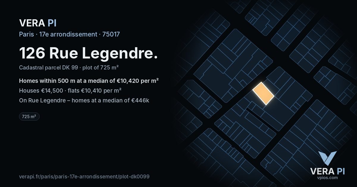 126 Rue Legendre, 17e arrondissement at night – the plot lit, the parcels around coloured by the prices near them