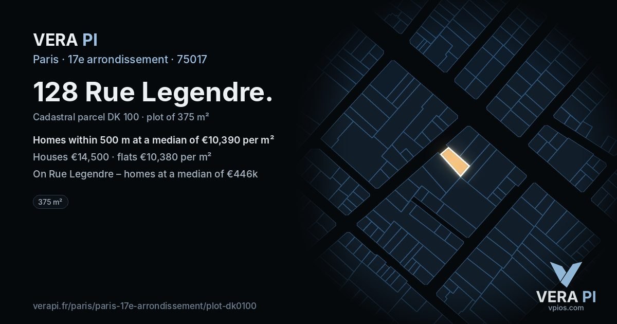 128 Rue Legendre, 17e arrondissement at night – the plot lit, the parcels around coloured by the prices near them
