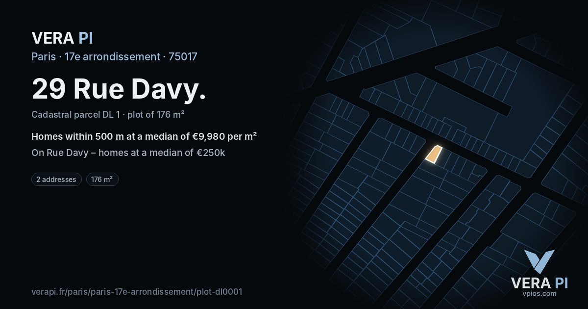 29 Rue Davy, 17e arrondissement at night – the plot lit, the parcels around coloured by the prices near them