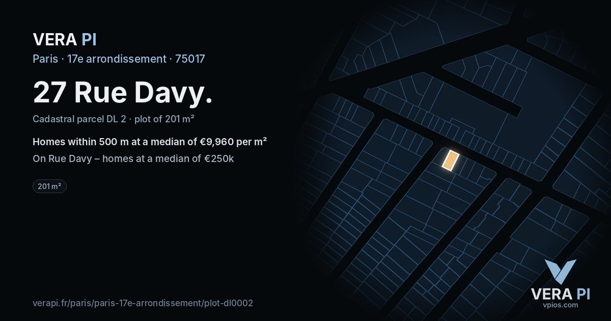 27 Rue Davy, 17e arrondissement at night – the plot lit, the parcels around coloured by the prices near them