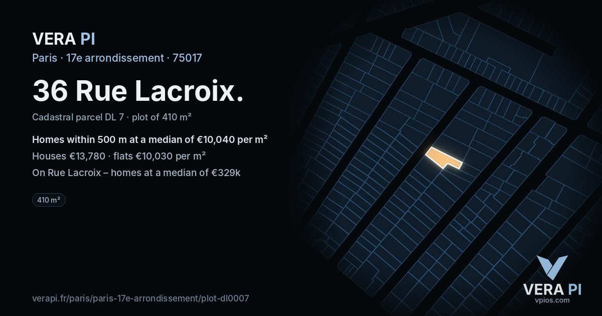 36 Rue Lacroix, 17e arrondissement at night – the plot lit, the parcels around coloured by the prices near them