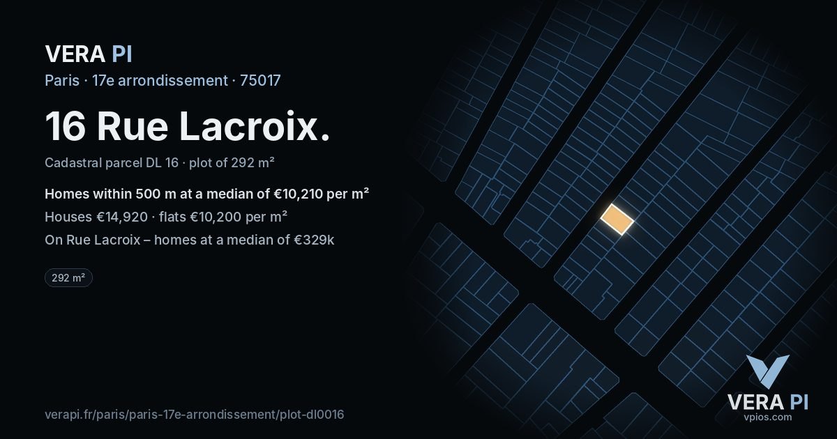 16 Rue Lacroix, 17e arrondissement at night – the plot lit, the parcels around coloured by the prices near them