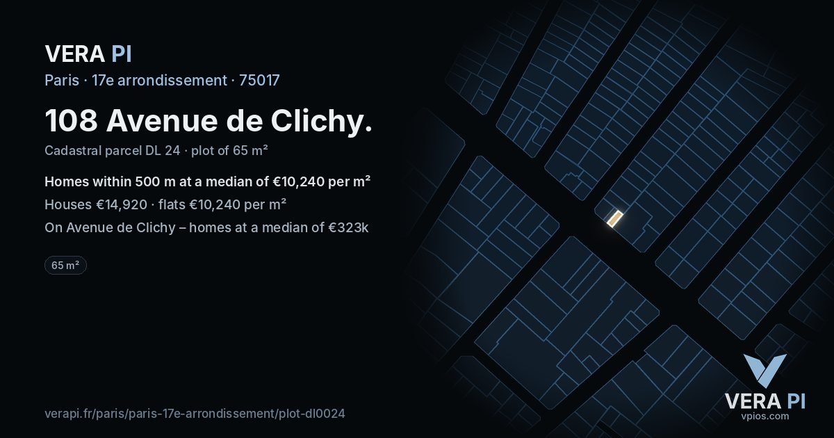 108 Avenue de Clichy, 17e arrondissement at night – the plot lit, the parcels around coloured by the prices near them