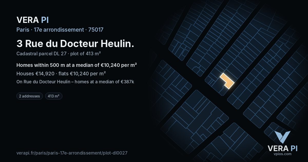 3 Rue du Docteur Heulin, 17e arrondissement at night – the plot lit, the parcels around coloured by the prices near them