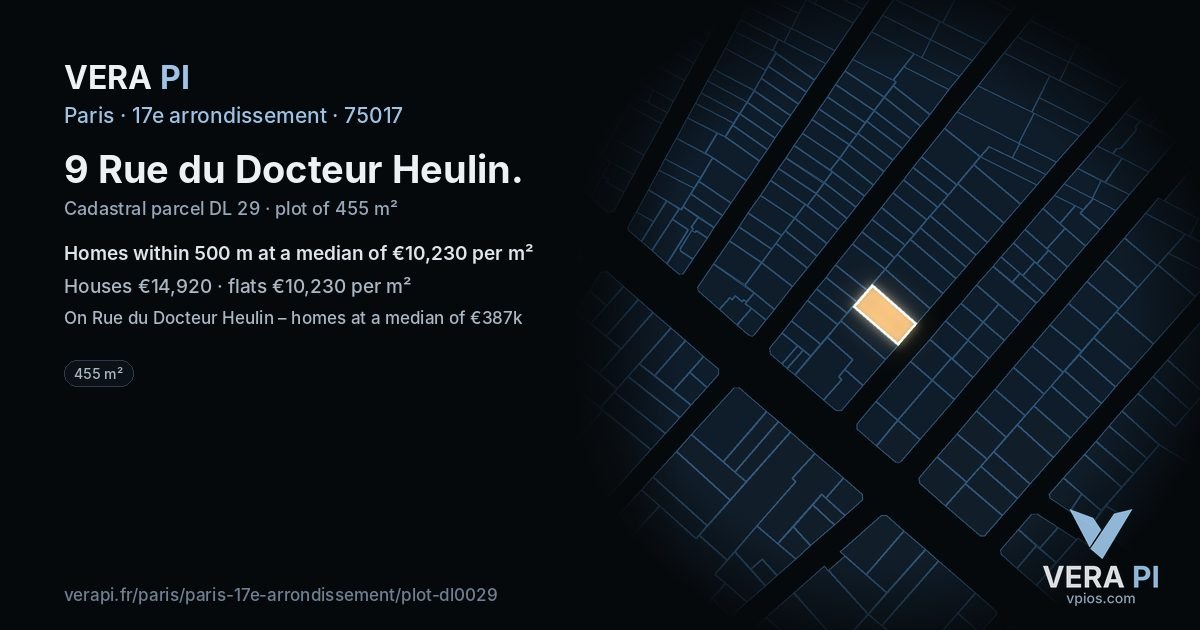 9 Rue du Docteur Heulin, 17e arrondissement at night – the plot lit, the parcels around coloured by the prices near them
