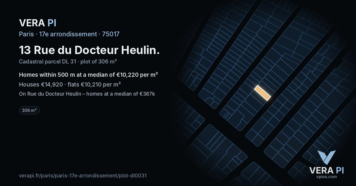 13 Rue du Docteur Heulin, 17e arrondissement at night – the plot lit, the parcels around coloured by the prices near them