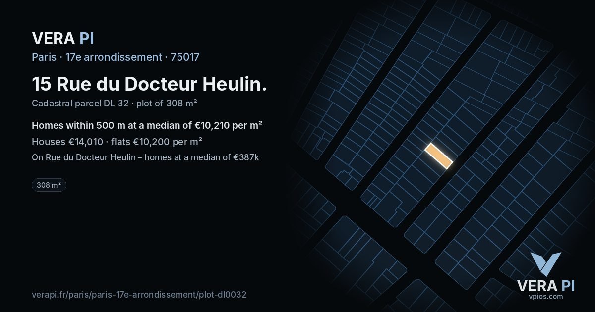 15 Rue du Docteur Heulin, 17e arrondissement at night – the plot lit, the parcels around coloured by the prices near them