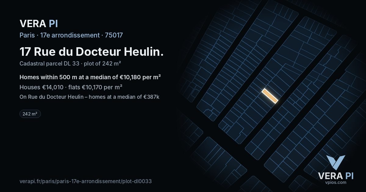 17 Rue du Docteur Heulin, 17e arrondissement at night – the plot lit, the parcels around coloured by the prices near them