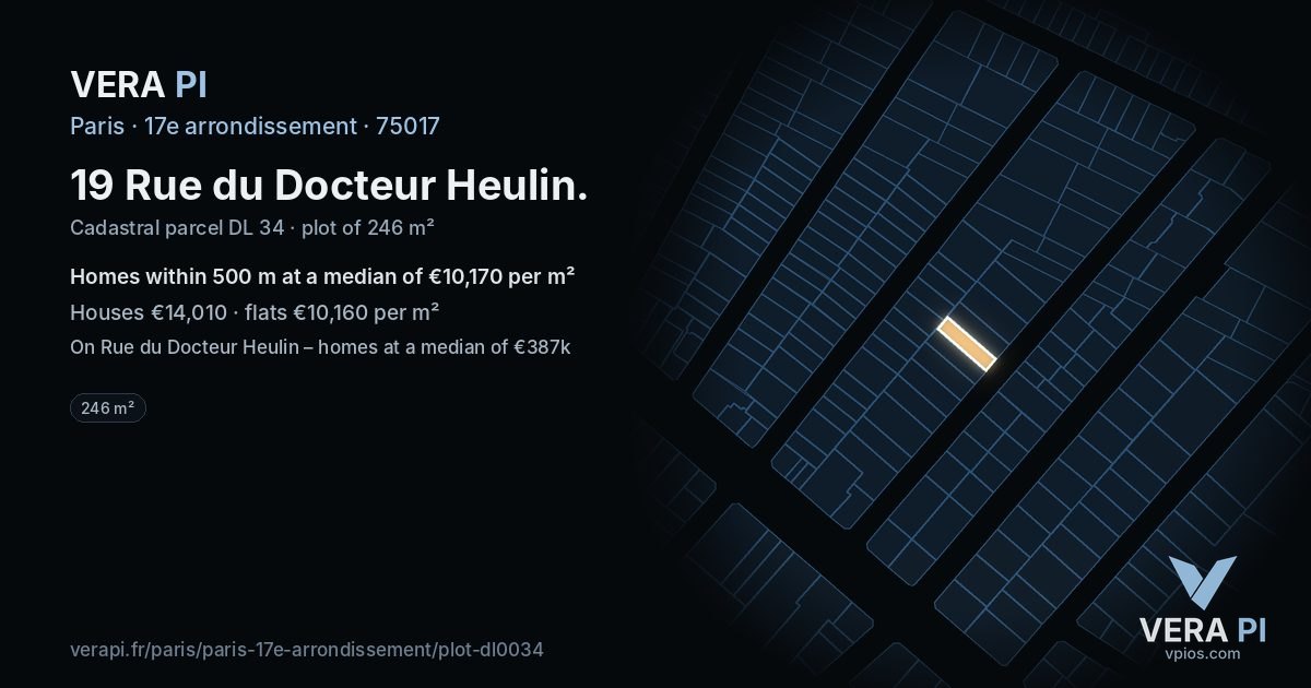 19 Rue du Docteur Heulin, 17e arrondissement at night – the plot lit, the parcels around coloured by the prices near them