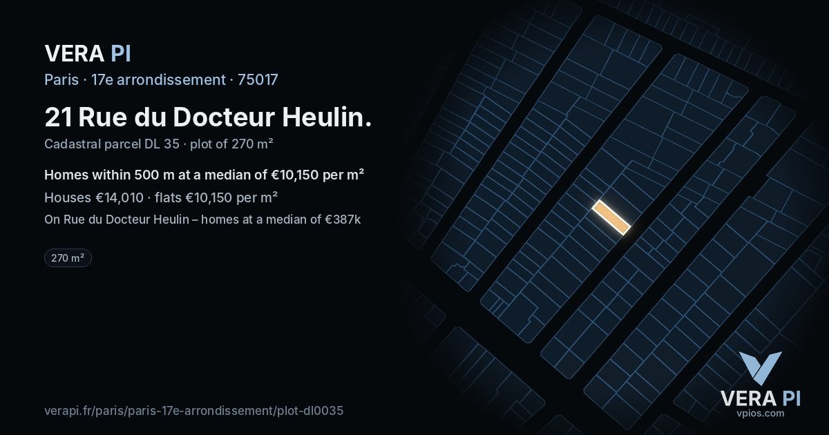 21 Rue du Docteur Heulin, 17e arrondissement at night – the plot lit, the parcels around coloured by the prices near them