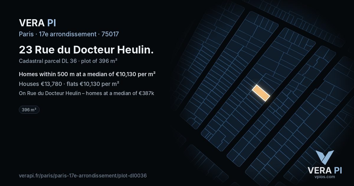 23 Rue du Docteur Heulin, 17e arrondissement at night – the plot lit, the parcels around coloured by the prices near them