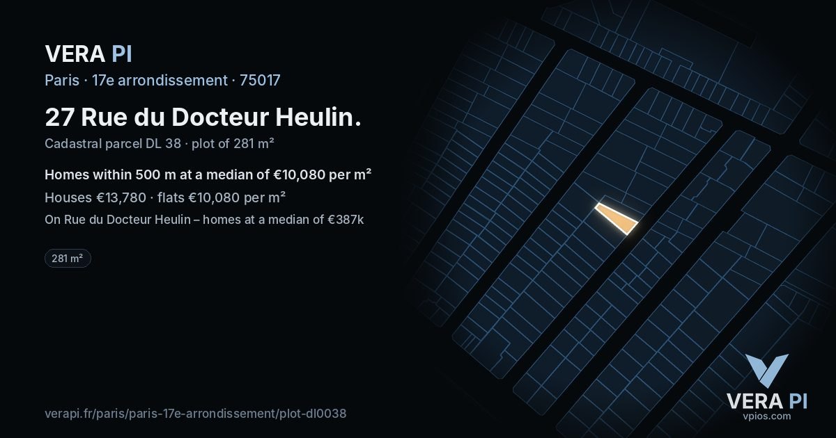 27 Rue du Docteur Heulin, 17e arrondissement at night – the plot lit, the parcels around coloured by the prices near them