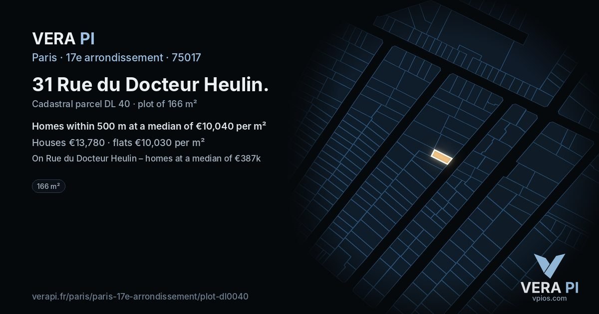 31 Rue du Docteur Heulin, 17e arrondissement at night – the plot lit, the parcels around coloured by the prices near them