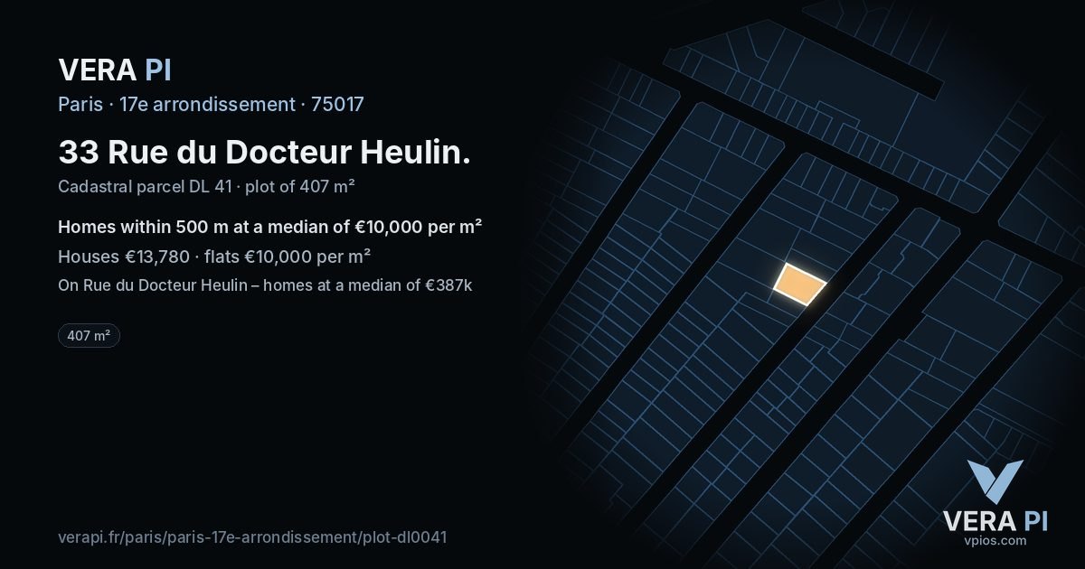 33 Rue du Docteur Heulin, 17e arrondissement at night – the plot lit, the parcels around coloured by the prices near them