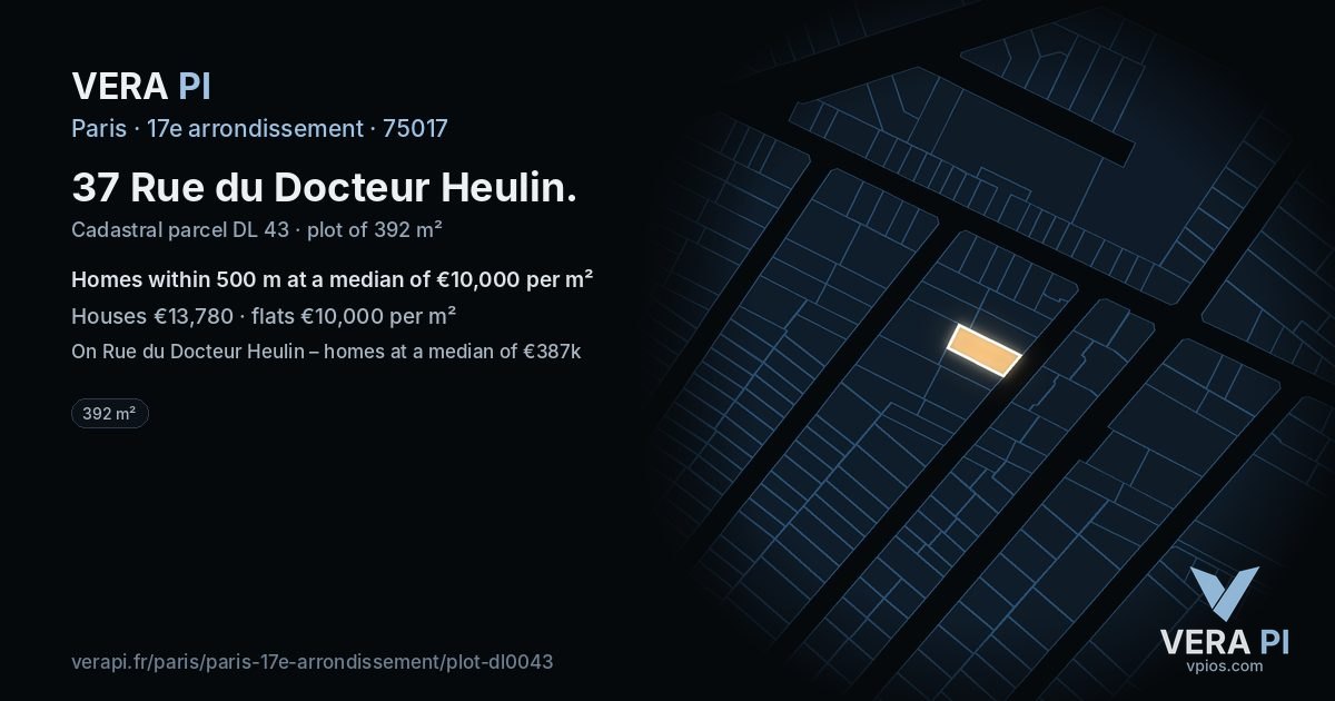 37 Rue du Docteur Heulin, 17e arrondissement at night – the plot lit, the parcels around coloured by the prices near them