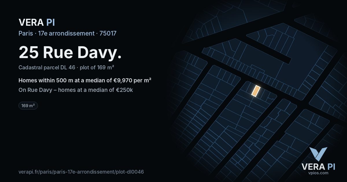 25 Rue Davy, 17e arrondissement at night – the plot lit, the parcels around coloured by the prices near them