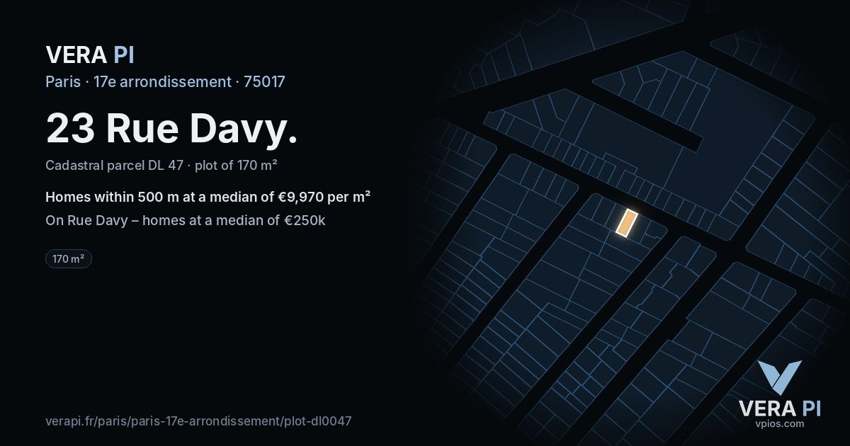 23 Rue Davy, 17e arrondissement at night – the plot lit, the parcels around coloured by the prices near them