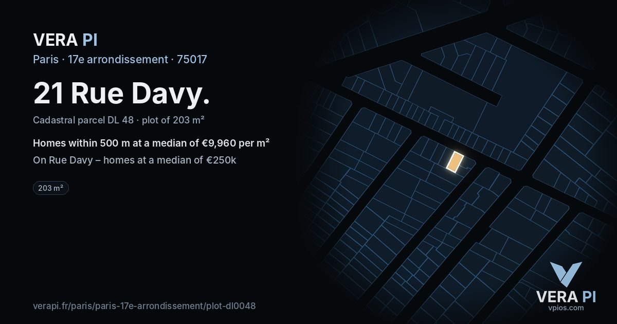 21 Rue Davy, 17e arrondissement at night – the plot lit, the parcels around coloured by the prices near them