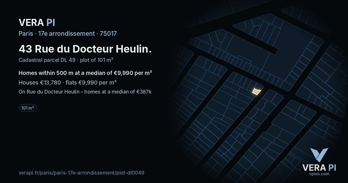 43 Rue du Docteur Heulin, 17e arrondissement at night – the plot lit, the parcels around coloured by the prices near them