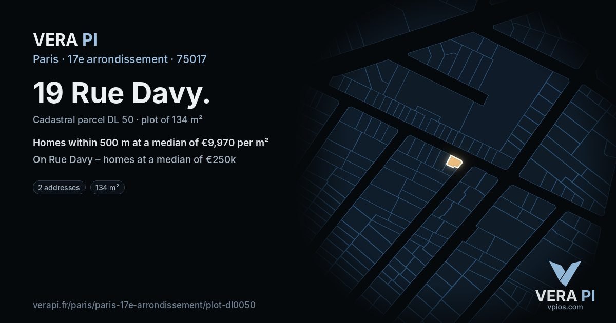 19 Rue Davy, 17e arrondissement at night – the plot lit, the parcels around coloured by the prices near them