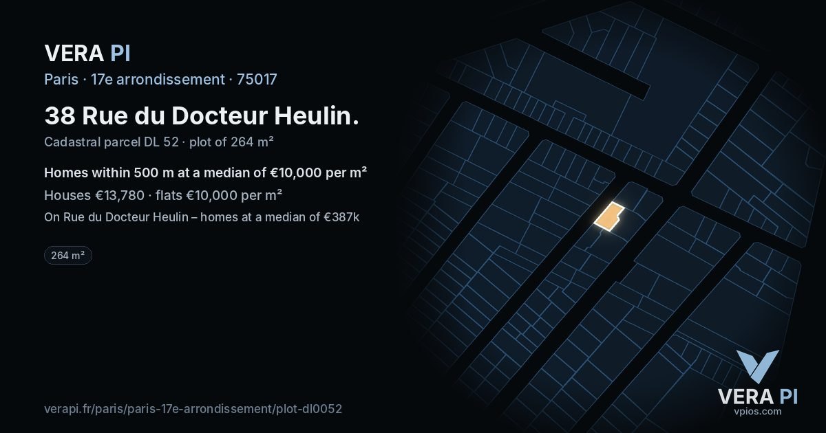 38 Rue du Docteur Heulin, 17e arrondissement at night – the plot lit, the parcels around coloured by the prices near them