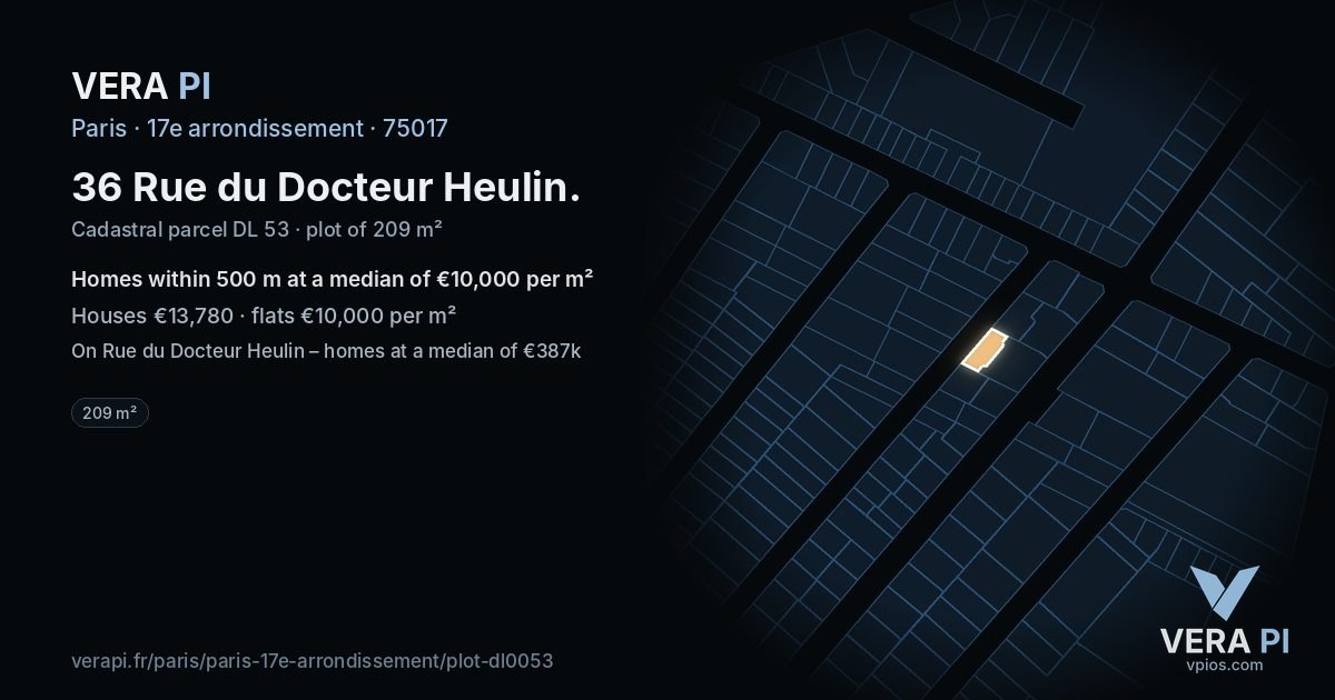 36 Rue du Docteur Heulin, 17e arrondissement at night – the plot lit, the parcels around coloured by the prices near them
