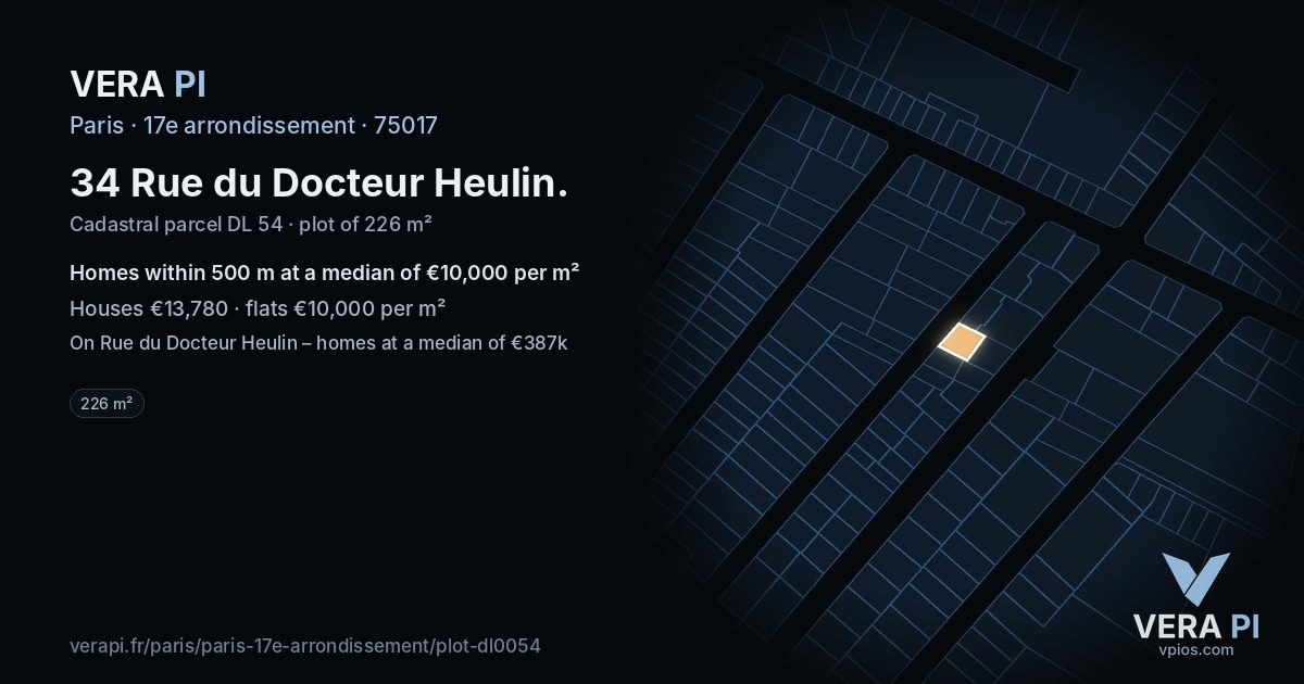 34 Rue du Docteur Heulin, 17e arrondissement at night – the plot lit, the parcels around coloured by the prices near them