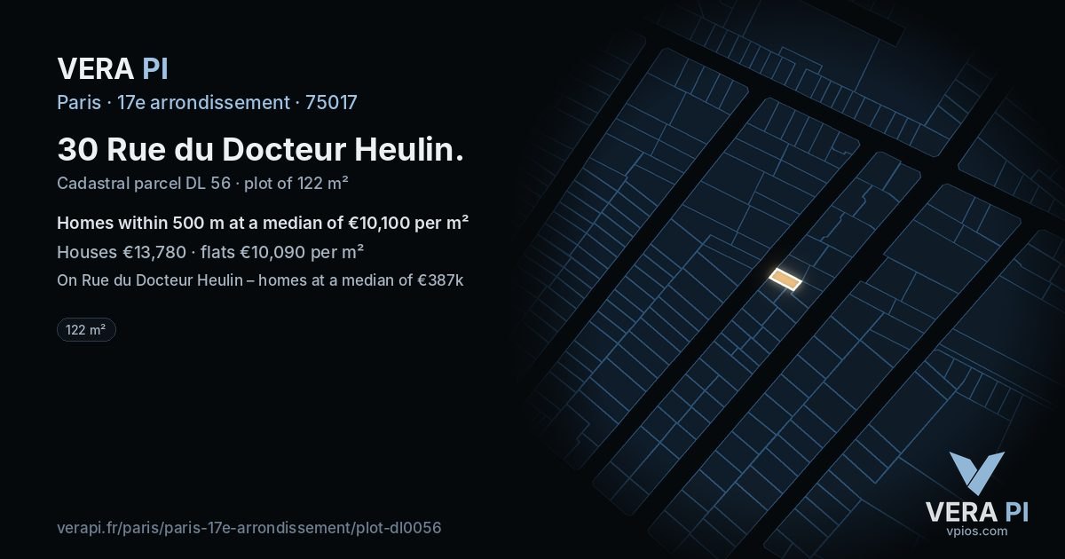 30 Rue du Docteur Heulin, 17e arrondissement at night – the plot lit, the parcels around coloured by the prices near them