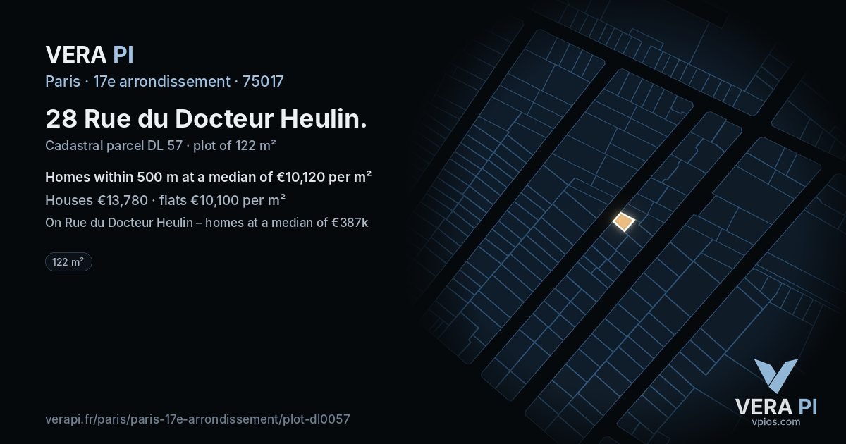 28 Rue du Docteur Heulin, 17e arrondissement at night – the plot lit, the parcels around coloured by the prices near them
