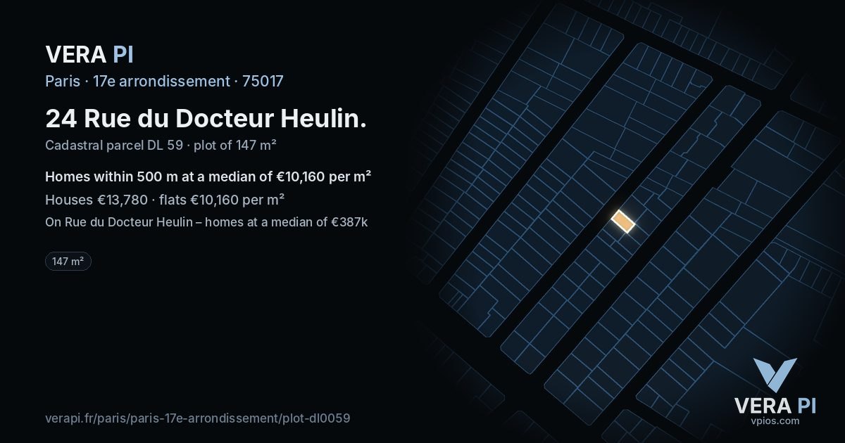 24 Rue du Docteur Heulin, 17e arrondissement at night – the plot lit, the parcels around coloured by the prices near them