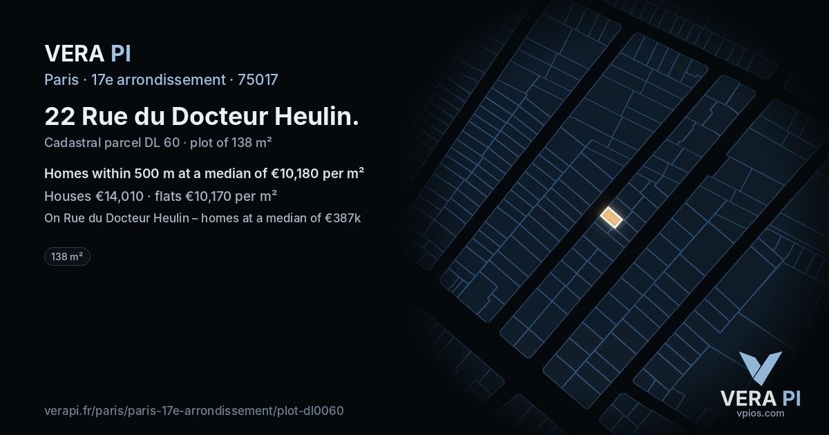22 Rue du Docteur Heulin, 17e arrondissement at night – the plot lit, the parcels around coloured by the prices near them