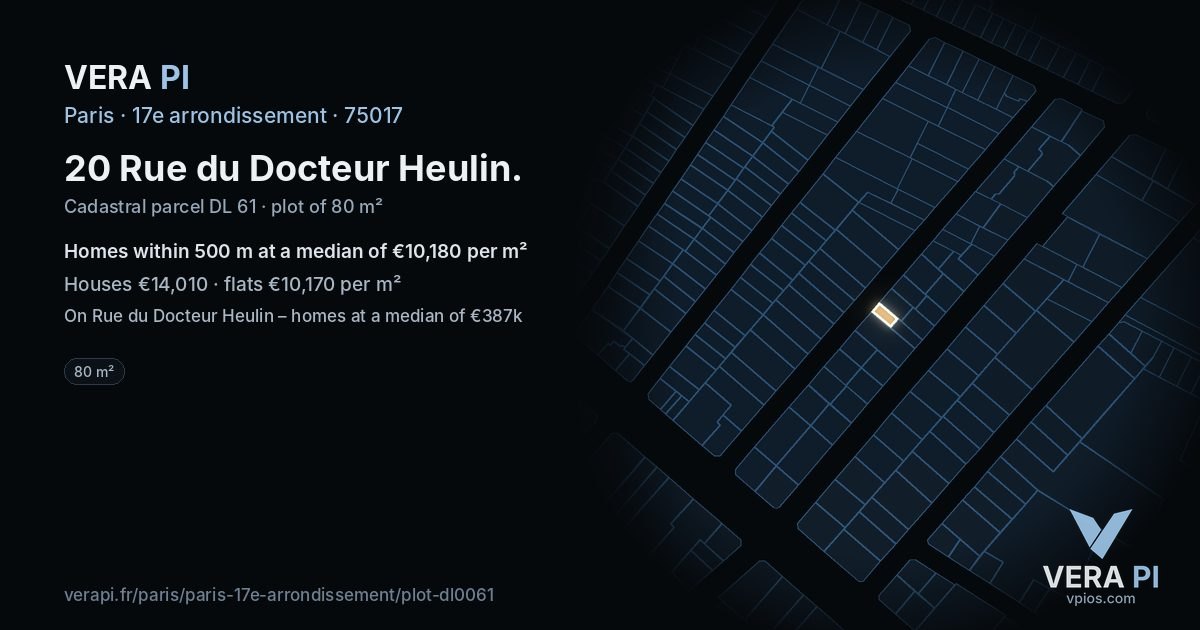 20 Rue du Docteur Heulin, 17e arrondissement at night – the plot lit, the parcels around coloured by the prices near them