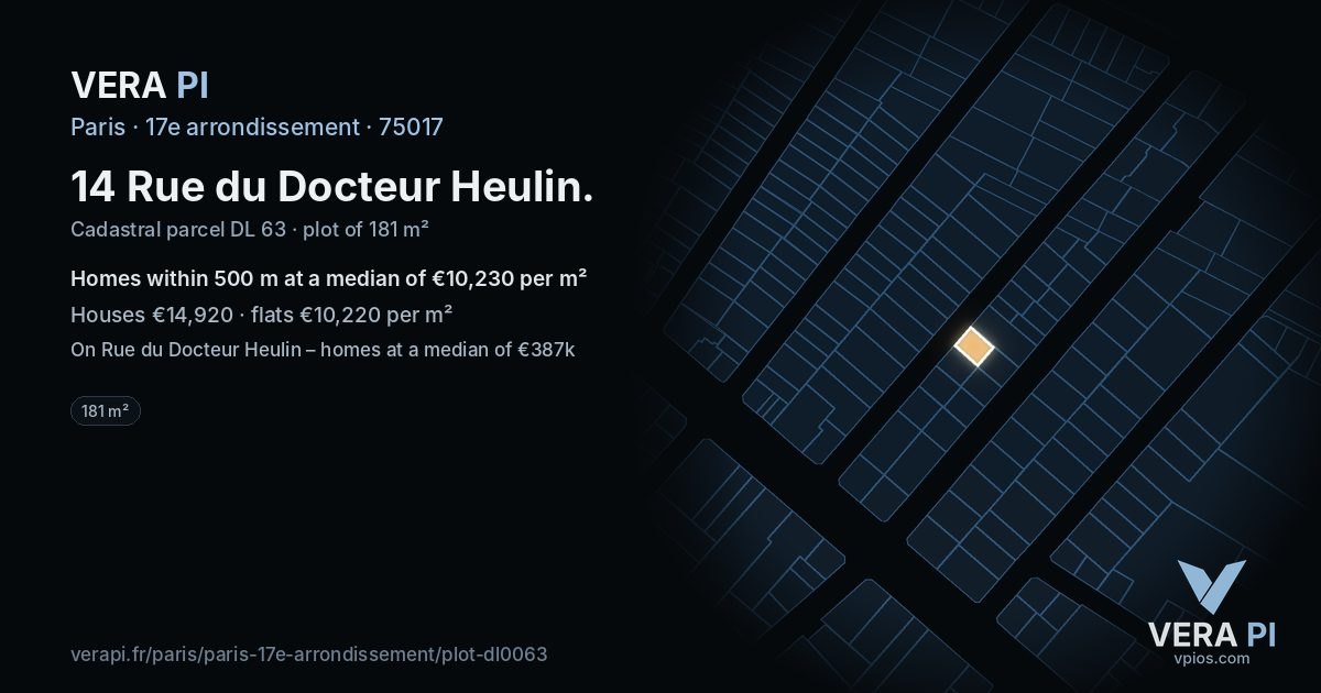 14 Rue du Docteur Heulin, 17e arrondissement at night – the plot lit, the parcels around coloured by the prices near them