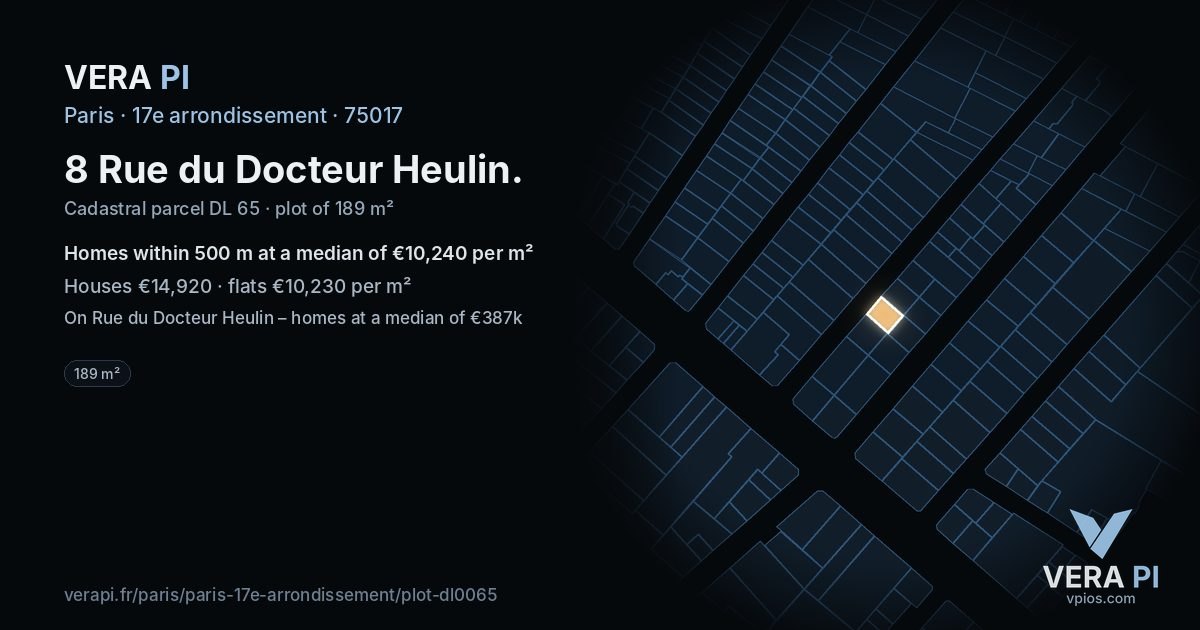 8 Rue du Docteur Heulin, 17e arrondissement at night – the plot lit, the parcels around coloured by the prices near them