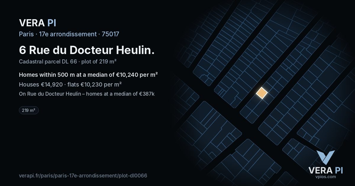 6 Rue du Docteur Heulin, 17e arrondissement at night – the plot lit, the parcels around coloured by the prices near them