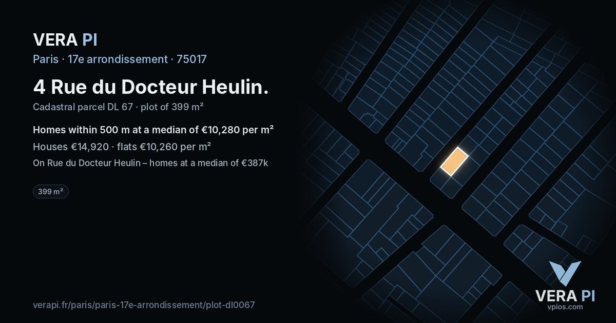 4 Rue du Docteur Heulin, 17e arrondissement at night – the plot lit, the parcels around coloured by the prices near them
