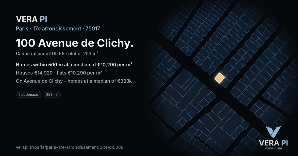 100 Avenue de Clichy, 17e arrondissement at night – the plot lit, the parcels around coloured by the prices near them