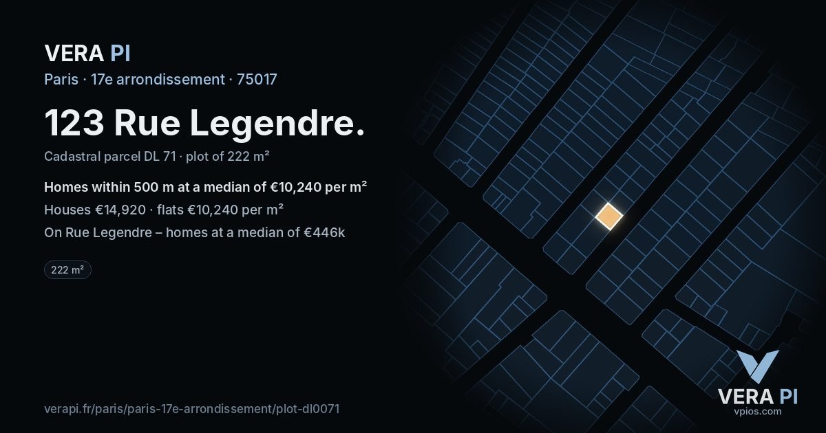 123 Rue Legendre, 17e arrondissement at night – the plot lit, the parcels around coloured by the prices near them