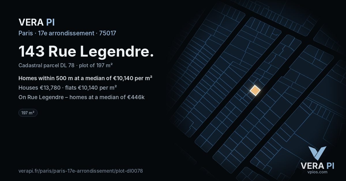 143 Rue Legendre, 17e arrondissement at night – the plot lit, the parcels around coloured by the prices near them