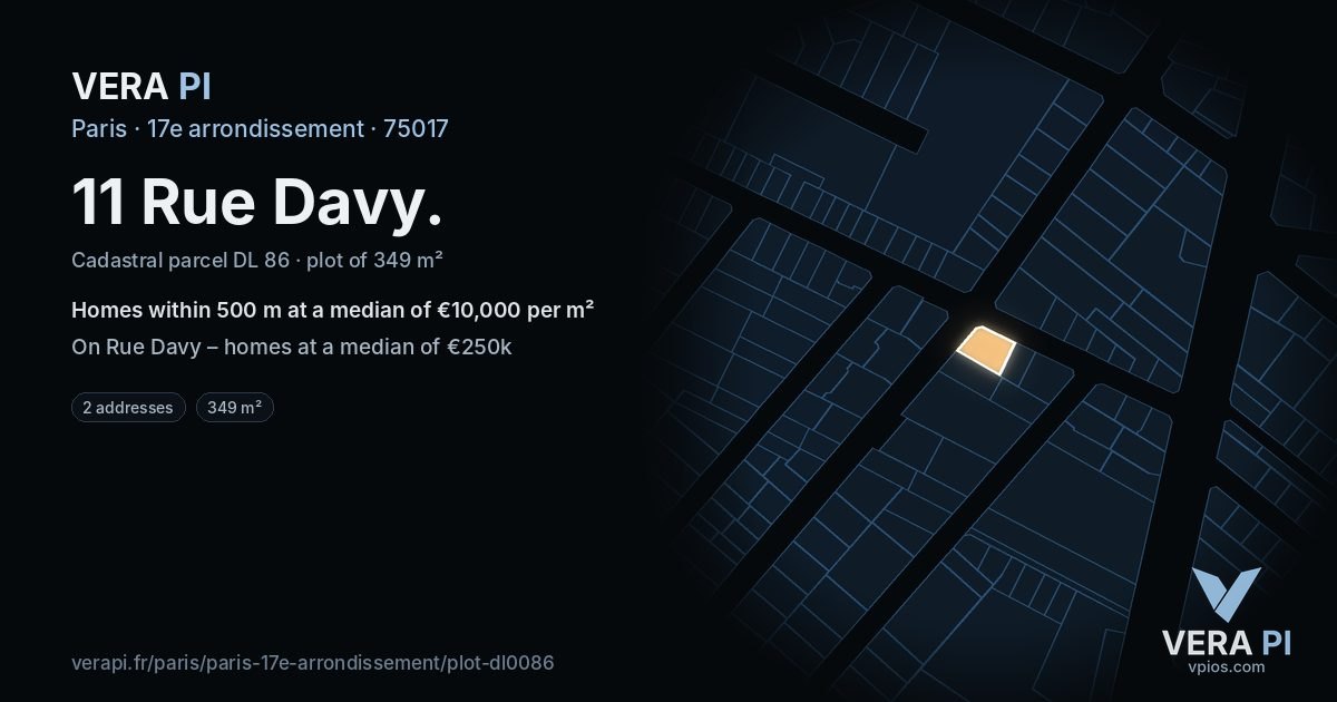 11 Rue Davy, 17e arrondissement at night – the plot lit, the parcels around coloured by the prices near them