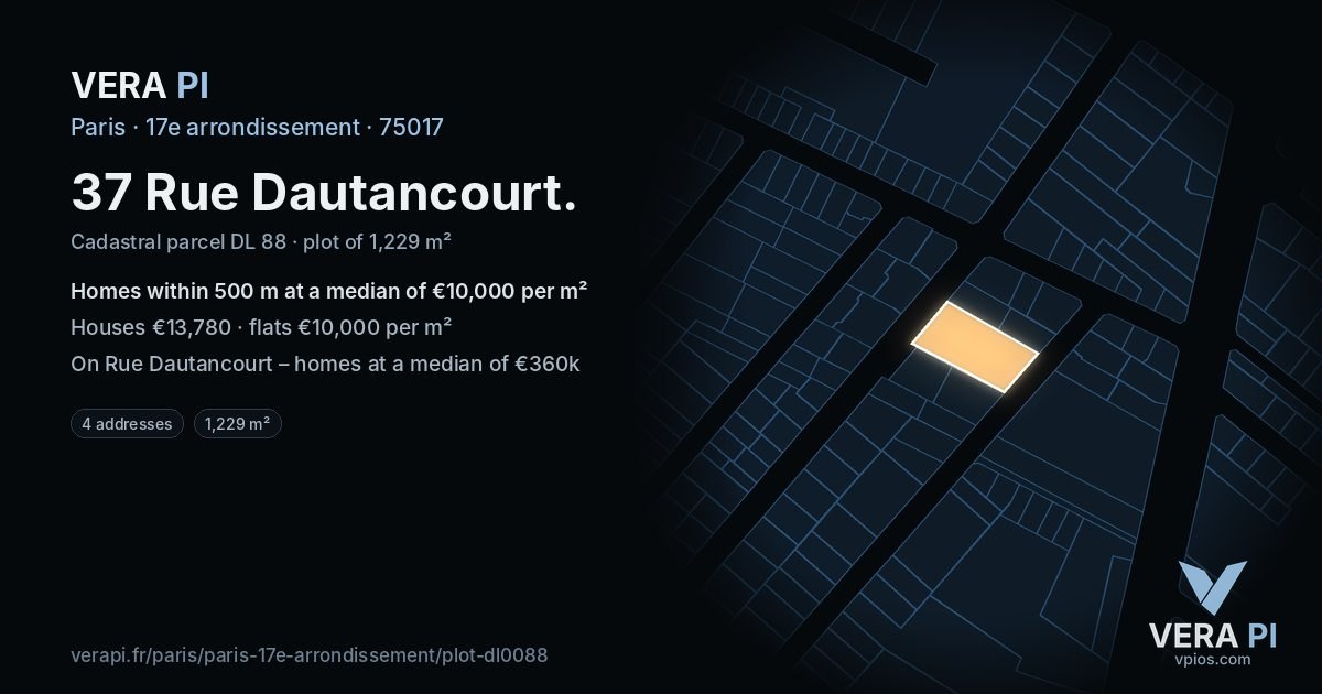 37 Rue Dautancourt, 17e arrondissement at night – the plot lit, the parcels around coloured by the prices near them