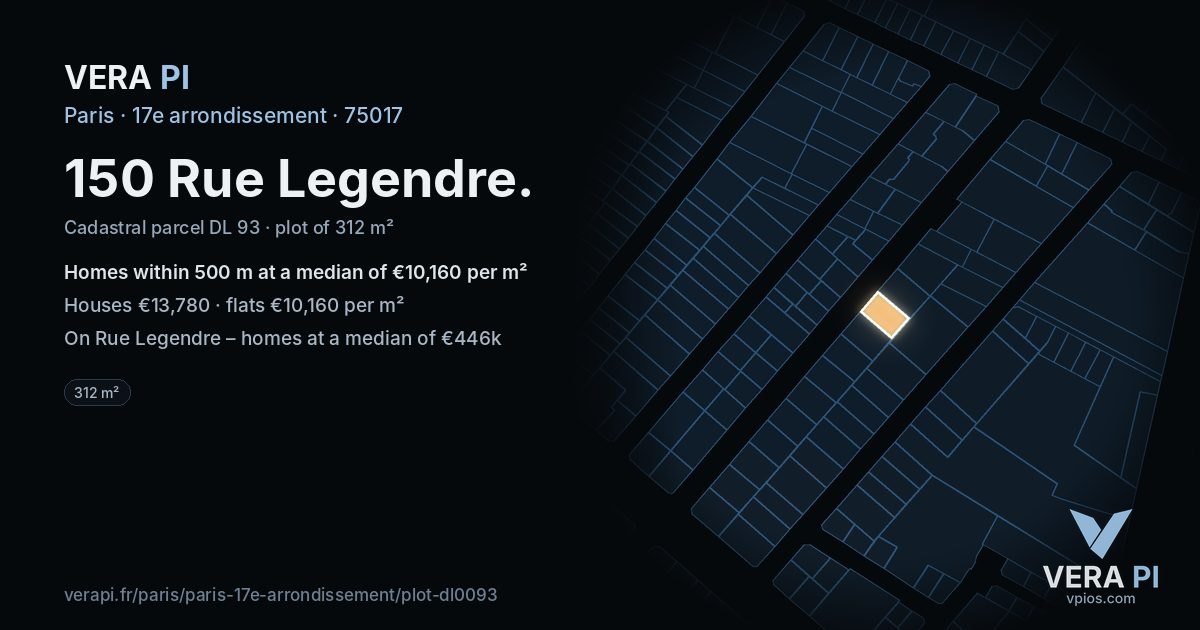 150 Rue Legendre, 17e arrondissement at night – the plot lit, the parcels around coloured by the prices near them