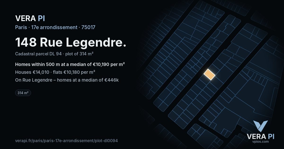 148 Rue Legendre, 17e arrondissement at night – the plot lit, the parcels around coloured by the prices near them