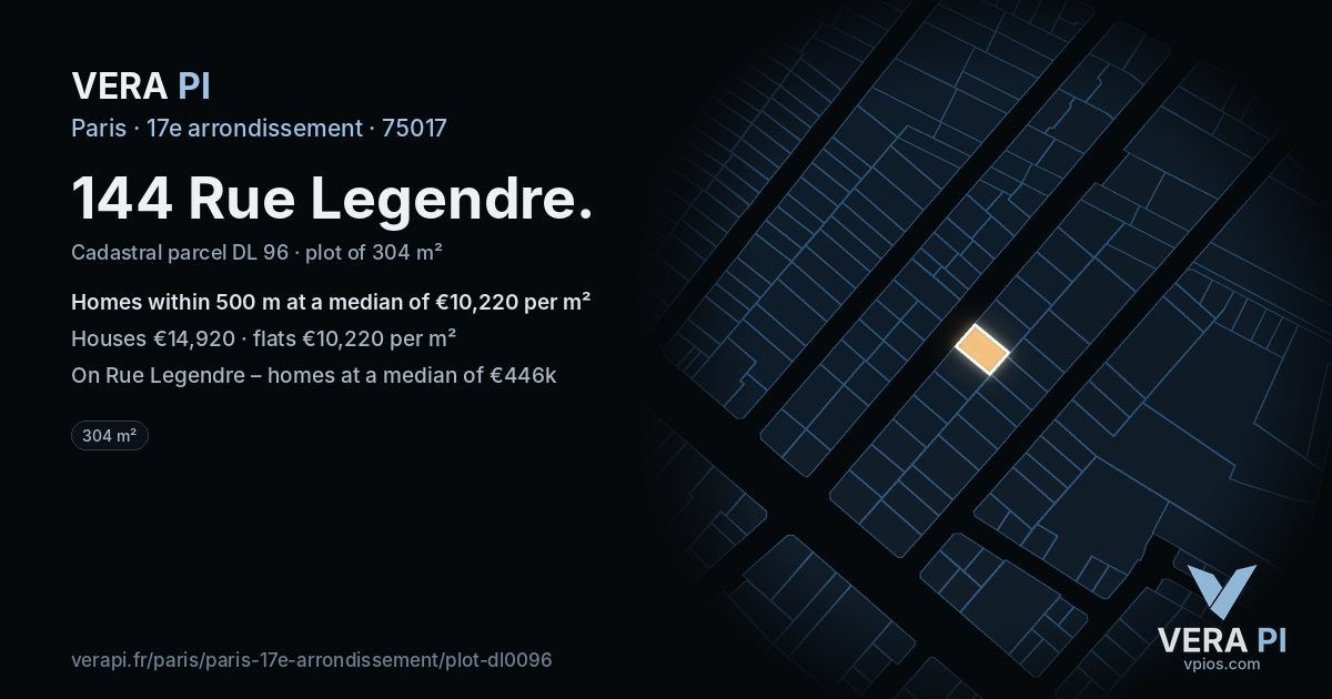 144 Rue Legendre, 17e arrondissement at night – the plot lit, the parcels around coloured by the prices near them